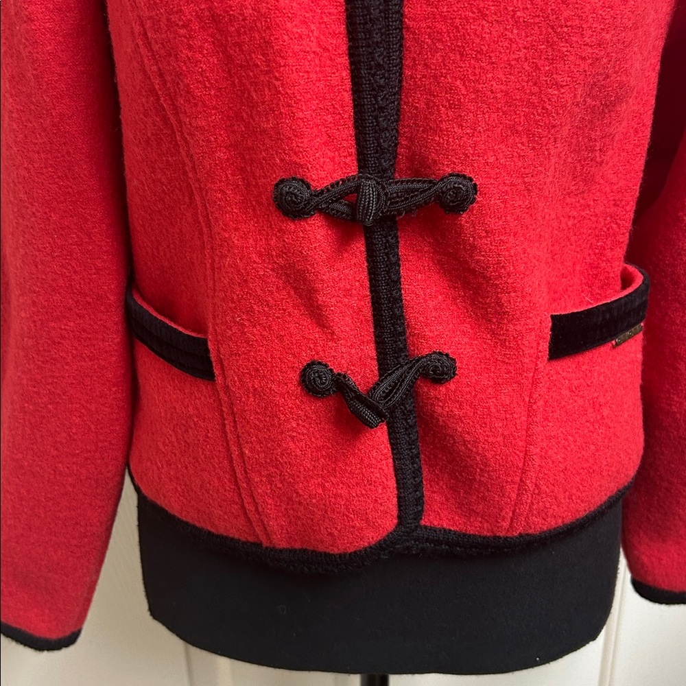 Geiger Boiled Wool Puff Sleeve Jacket with Toggle Closure, Red/black, Size 38 - Picture 3 of 9